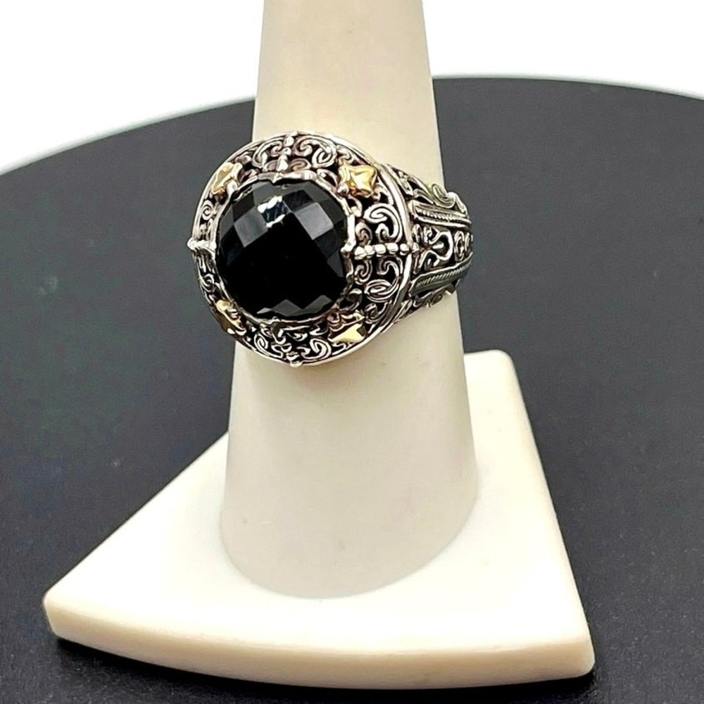 Designer Signed GA Sterling Silver 18k Gold Faceted Onyx Stone‎ Ring Sz 8.25